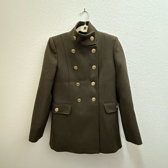 ZARA Dark Olive Pea Coat with Gold Buttons - Picture 7 of 13